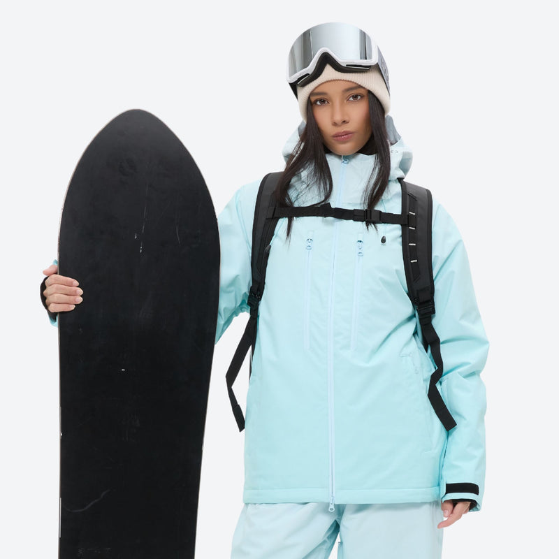 Women's breathable ski jacket set in pastel colors - mint ice blue, for cold-weather winter sports