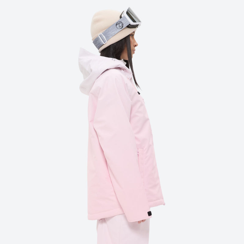 Women's 3-layer snowboard jacket and pants - light pink, on-model hood side view, for resort and backcountry days