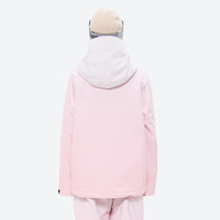
                  
                    Women's breathable ski jacket set in pastel colors - light pink, on-model back hood view, for cold-weather winter sports
                  
                