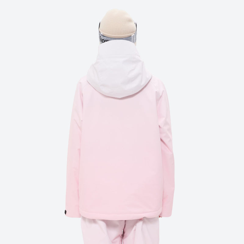 Women's breathable ski jacket set in pastel colors - light pink, on-model back hood view, for cold-weather winter sports