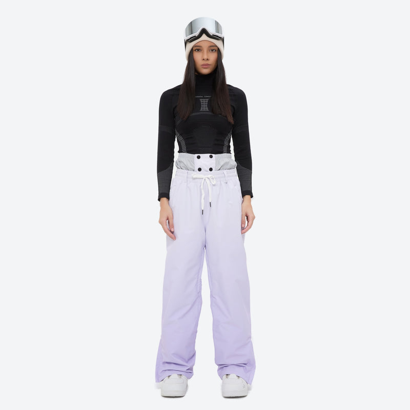 Women's waterproof 3L snow jacket and pants series - lavender snow pants, on-model front view, for powder and piste riding