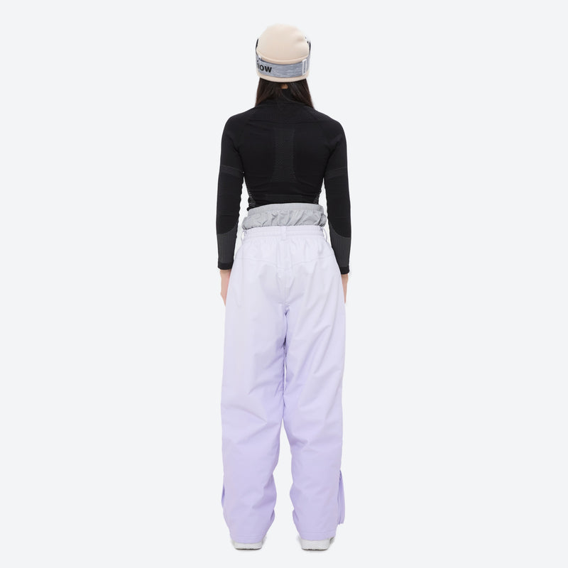 Women's 3-layer snowboard jacket and pants - lavender snow pants, on-model back view, for cold-weather winter sports