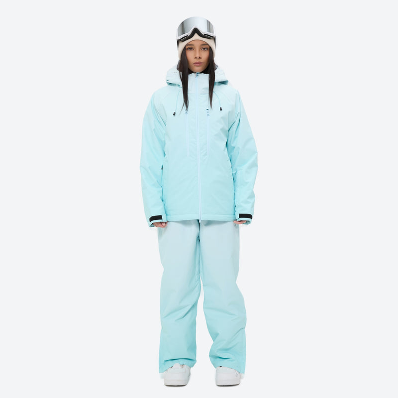 Women's 3-layer snowboard jacket and pants - mint ice blue jacket with mint pants, for powder and piste riding