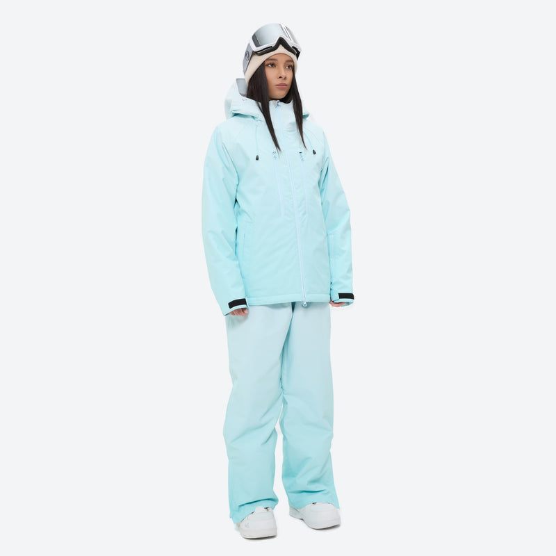 Women's 3-layer snowboard jacket and pants - mint ice blue jacket with mint pants, for resort and backcountry days