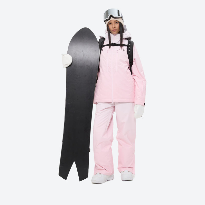 Women's breathable ski jacket set in pastel colors - light pink jacket with light pink pants, for cold-weather winter sports