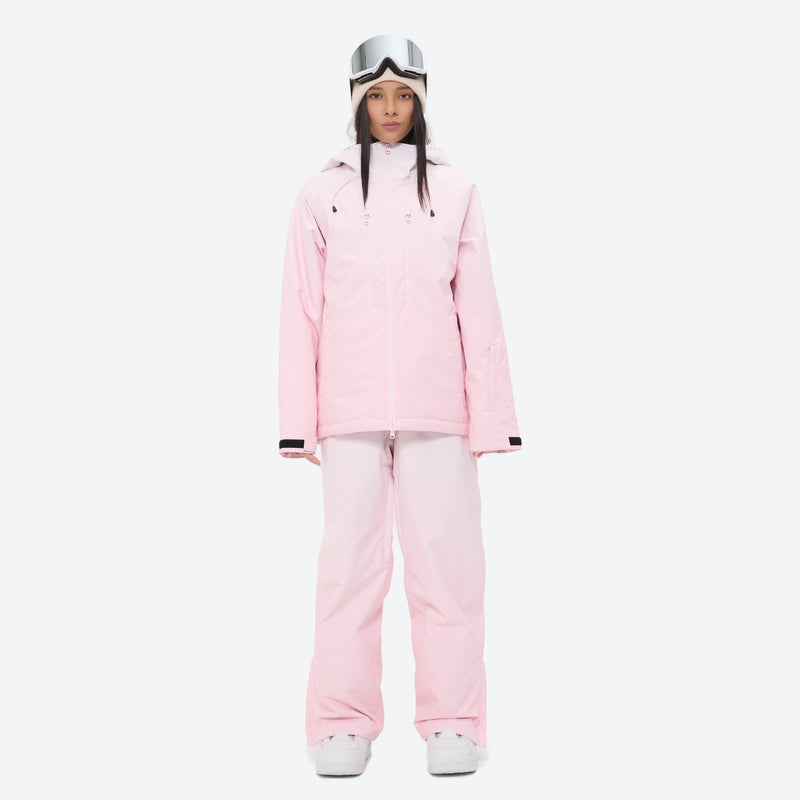 Women's waterproof 3L snow jacket and pants series - light pink jacket with light pink pants, for powder and piste riding