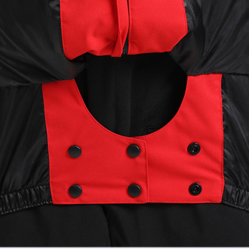 Men's adjustable ski pants with suspenders - red, inner snow skirt close-up detail, for resort and backcountry days