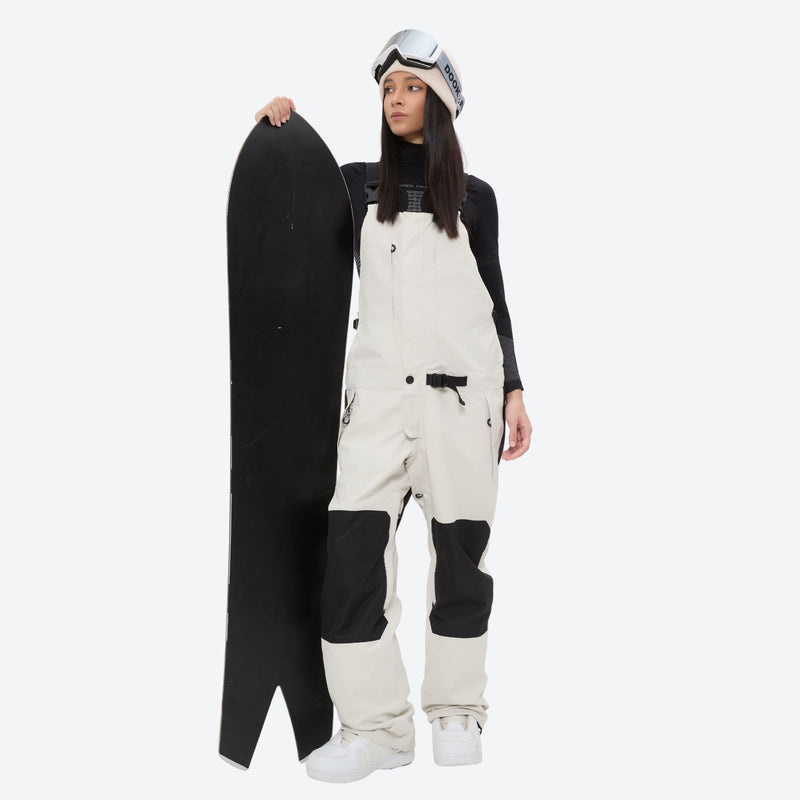 Women's 3L waterproof suspender snow pants - white bib pants, for cold-weather winter sports