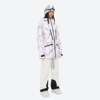 
                  
                    Women's adjustable ski pants with suspenders - white marble print jacket with white pants, for resort and backcountry days
                  
                