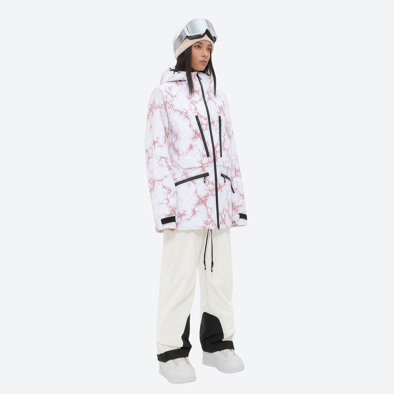Women's adjustable ski pants with suspenders - white marble print jacket with white pants, for resort and backcountry days