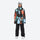 Women's 3L waterproof suspender snow pants - orange and blue abstract print jacket with black pants, on-model front view