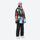 Insulated bib snow pants for women - orange and blue abstract print jacket with black pants, for resort and backcountry days