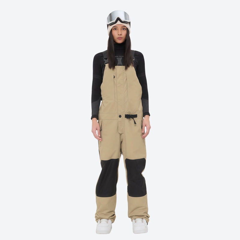 Women's 3L waterproof suspender snow pants - tan bib pants, on-model front view, for cold-weather winter sports