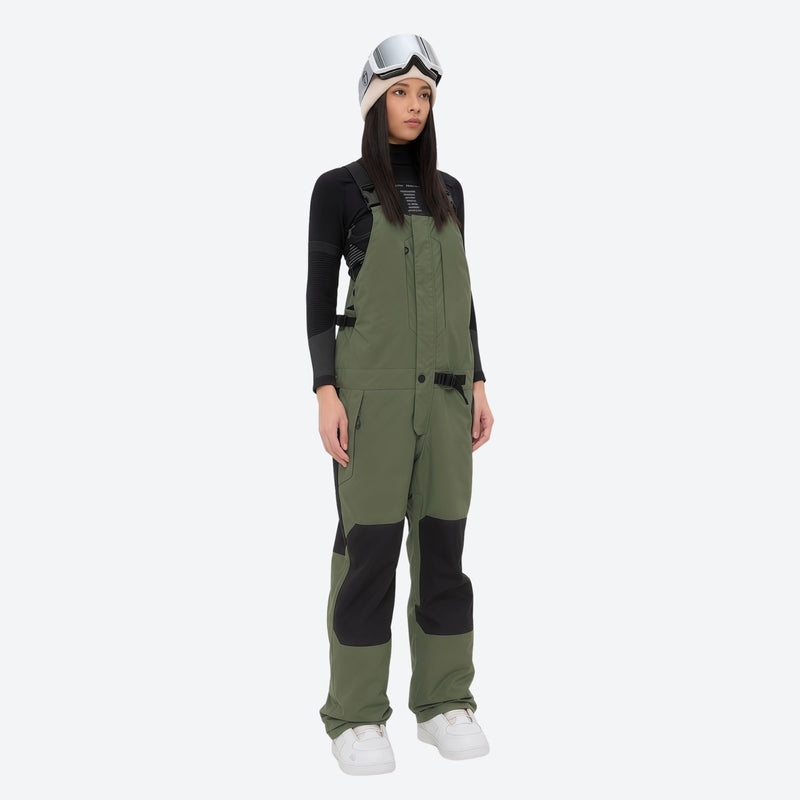 Women's 3L waterproof suspender snow pants - olive green bib pants, on-model front view, for skiing and snowboarding
