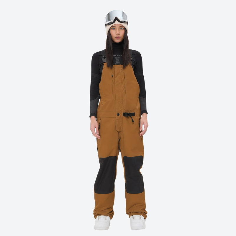 Women's 3L waterproof suspender snow pants - amber bib pants, on-model front view, for resort and backcountry days