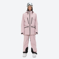 
                  
                    Women's adjustable ski pants with suspenders - pink, on-model front view, for cold-weather winter sports
                  
                