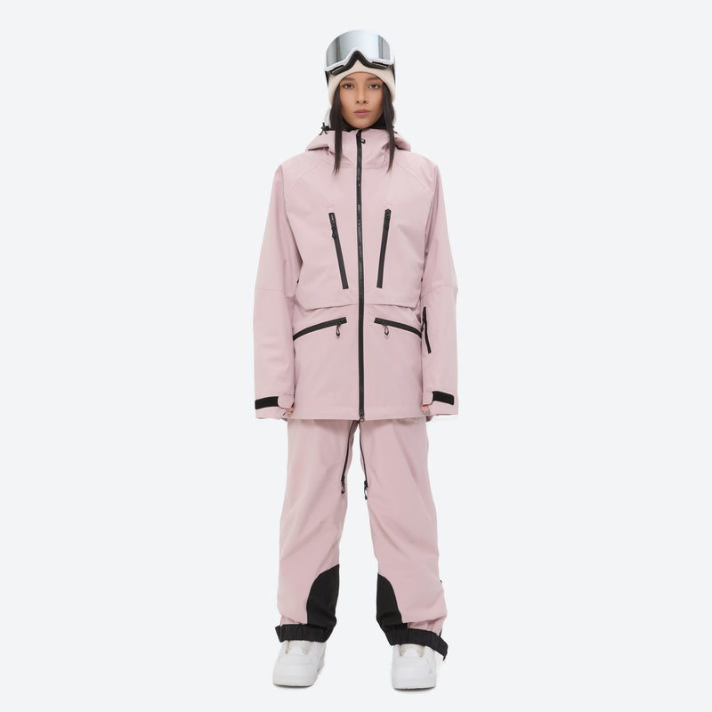 Women's adjustable ski pants with suspenders - pink, on-model front view, for cold-weather winter sports