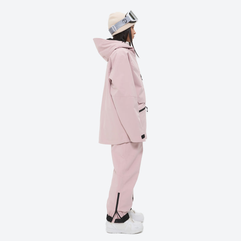 Women's adjustable ski pants with suspenders - pink, on-model hood side view, for deep powder winter days