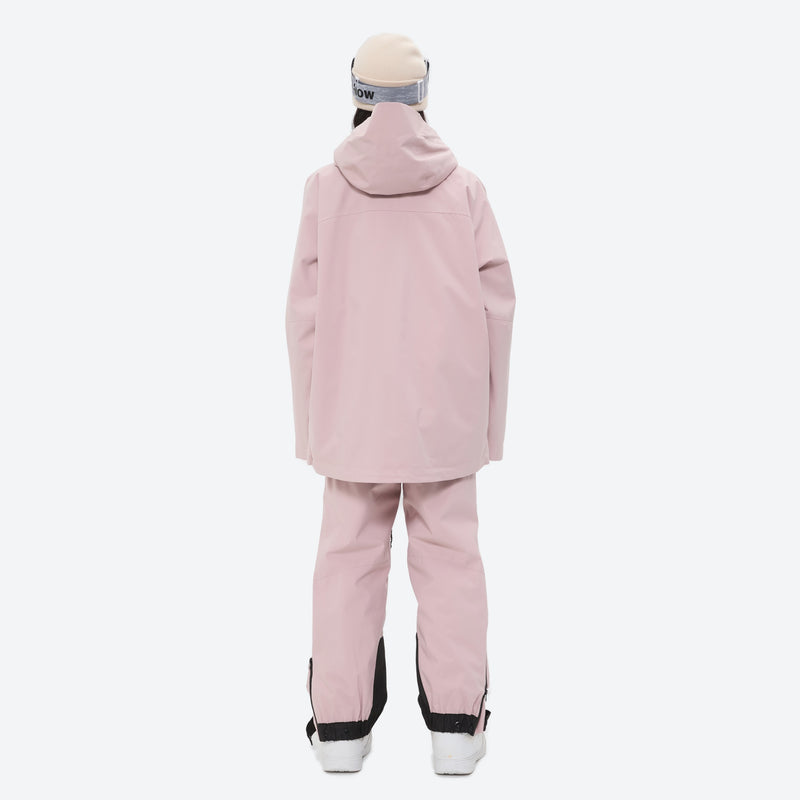 Women's 3L waterproof suspender snow pants - pink, on-model back hood view, for cold-weather winter sports