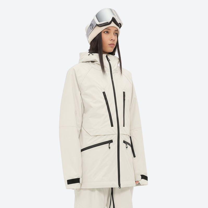 Women's adjustable ski pants with suspenders - ice blue, on-model back hood view, for cold-weather winter sports
