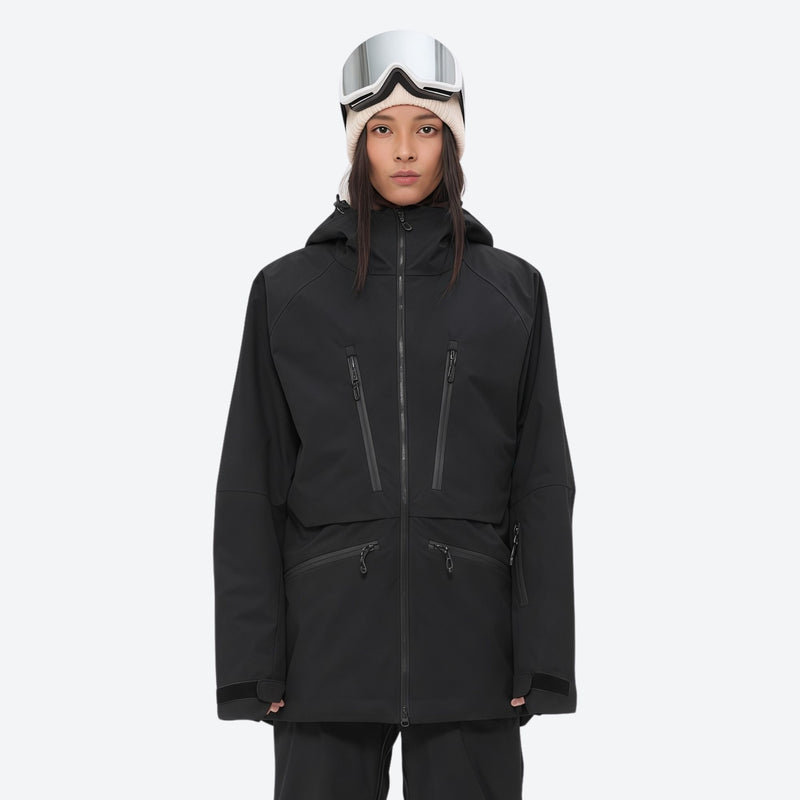Insulated bib snow pants for women - black, on-model front view, for deep powder winter days