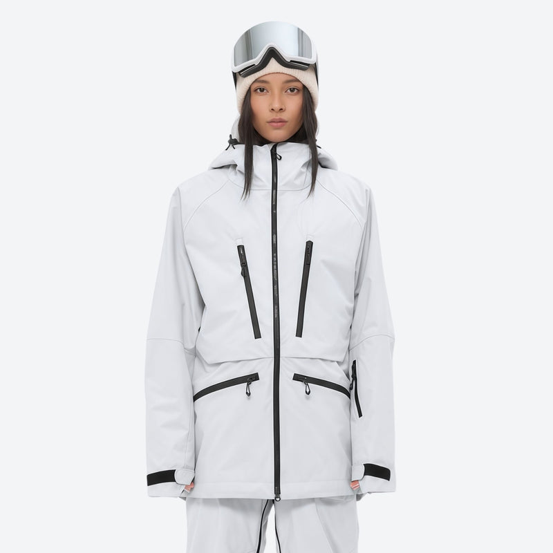 Insulated bib snow pants for women - white, on-model front view, for deep powder winter days