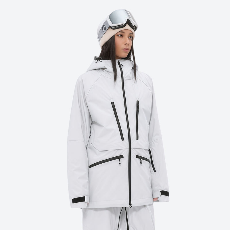 Women's adjustable ski pants with suspenders - white, on-model three-quarter front view, for cold-weather winter sports