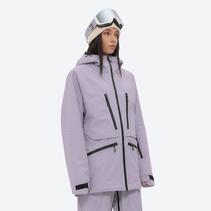 Women's adjustable ski pants with suspenders - lavender, on-model three-quarter front view, for resort and backcountry days