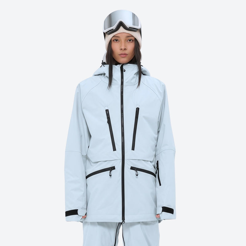 Insulated bib snow pants for women - ice blue, on-model front view, for skiing and snowboarding