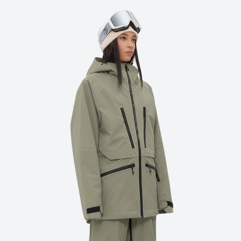 Women's adjustable ski pants with suspenders - olive green, for resort and backcountry days