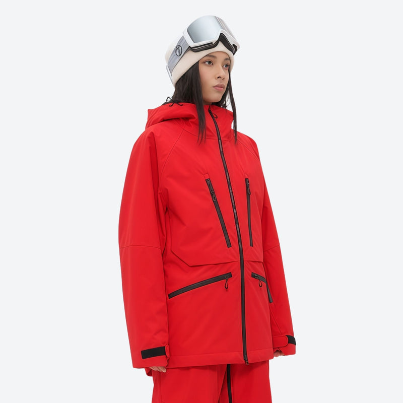 Insulated bib snow pants for women - red, on-model three-quarter front view, for cold-weather winter sports