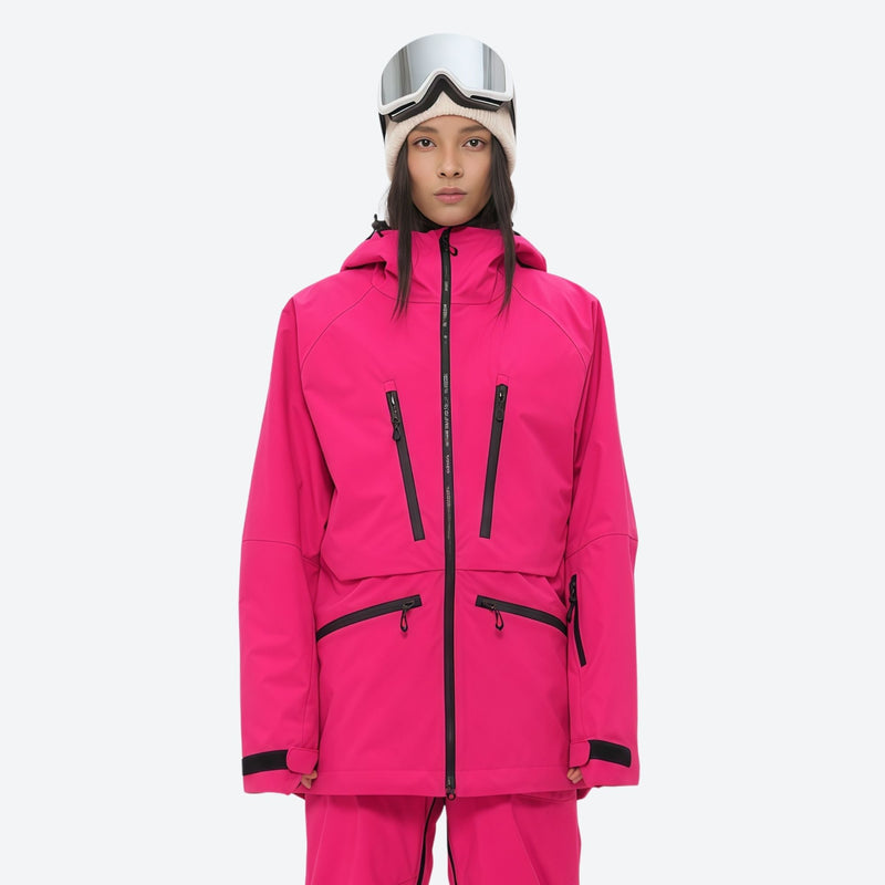 Insulated bib snow pants for women - magenta, on-model front view, for skiing and snowboarding
