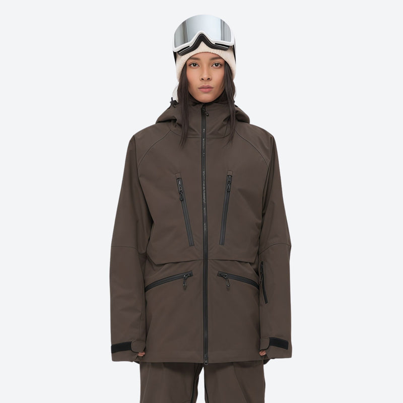 Women's 3L waterproof suspender snow pants - coffee brown, on-model front view, for deep powder winter days