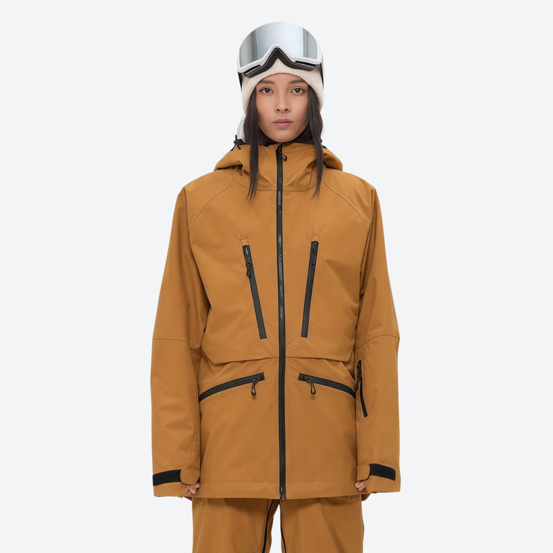 Women's 3L waterproof suspender snow pants - mustard amber, on-model front view, for skiing and snowboarding