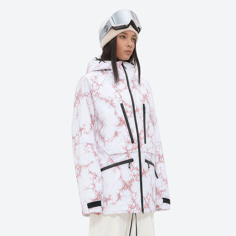 Women's 3L waterproof suspender snow pants - white marble print, for cold-weather winter sports
