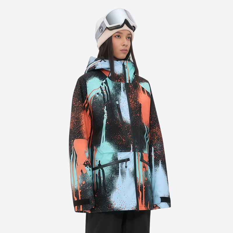 Women's adjustable ski pants with suspenders - orange and blue abstract print, for cold-weather winter sports