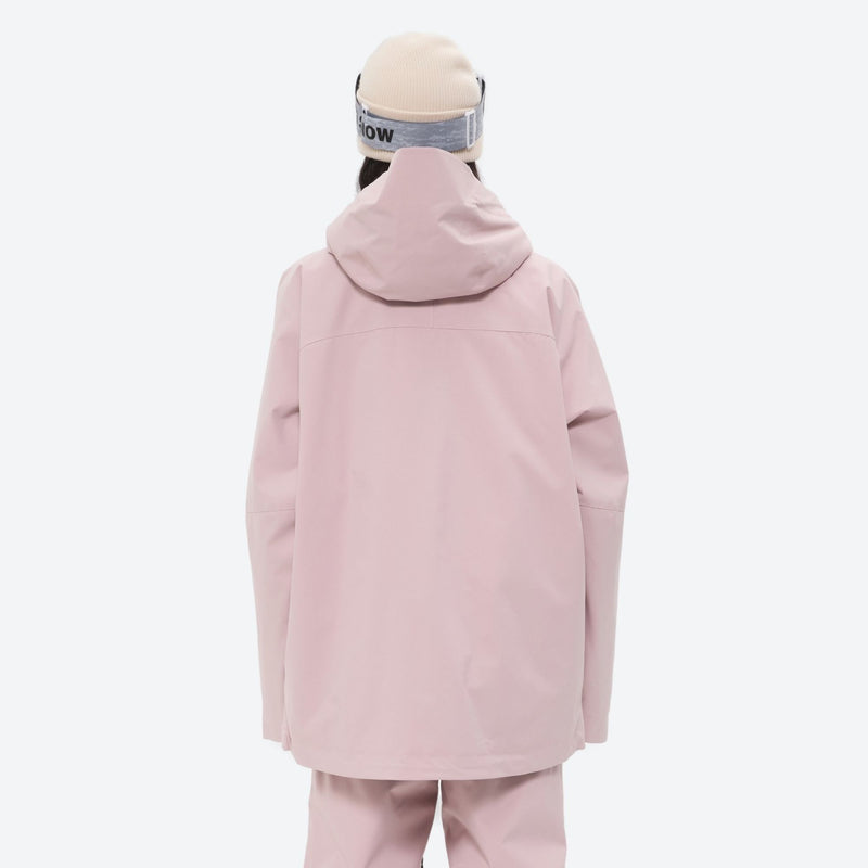 Women's adjustable ski pants with suspenders - pink, on-model back hood view, for resort and backcountry days