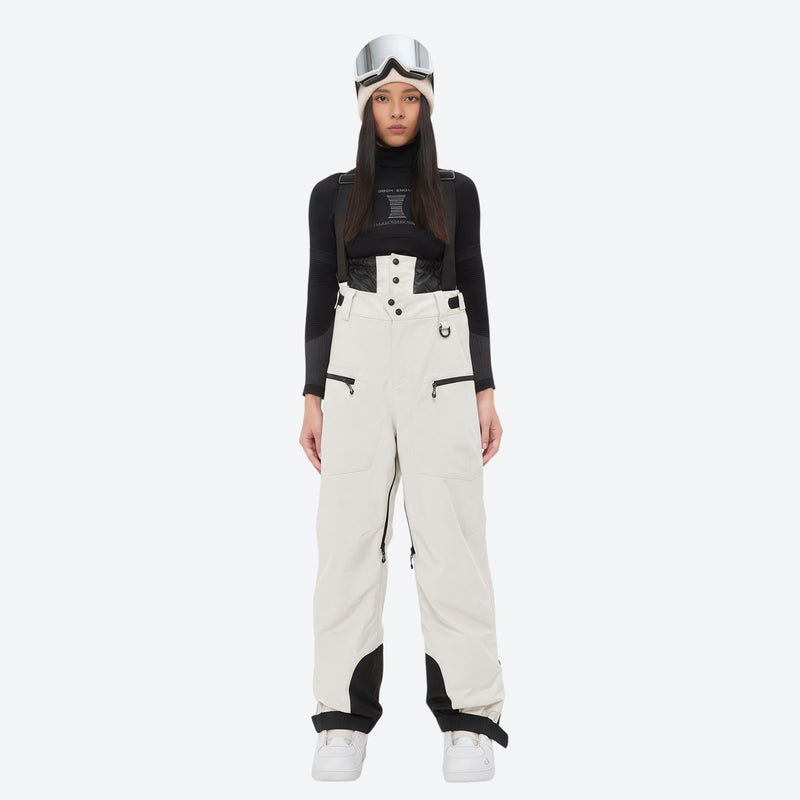 Women's 3L waterproof suspender snow pants - cream, on-model front view, for skiing and snowboarding