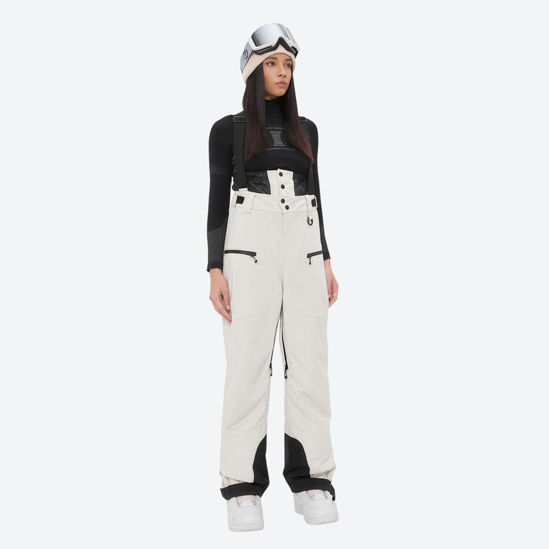 Insulated bib snow pants for women - cream bib pants, on-model front view, for resort and backcountry days