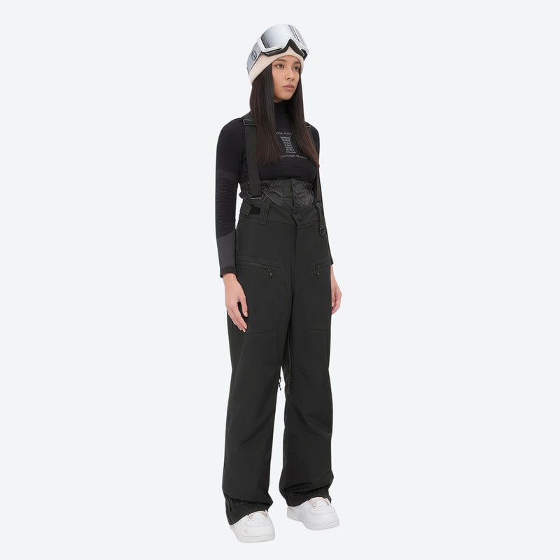 Insulated bib snow pants for women - black bib pants, on-model front view, for resort and backcountry days