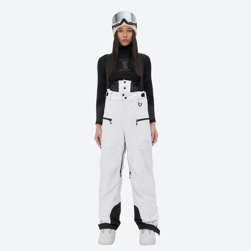 Women's 3L waterproof suspender snow pants - white bib pants, on-model front view, for skiing and snowboarding