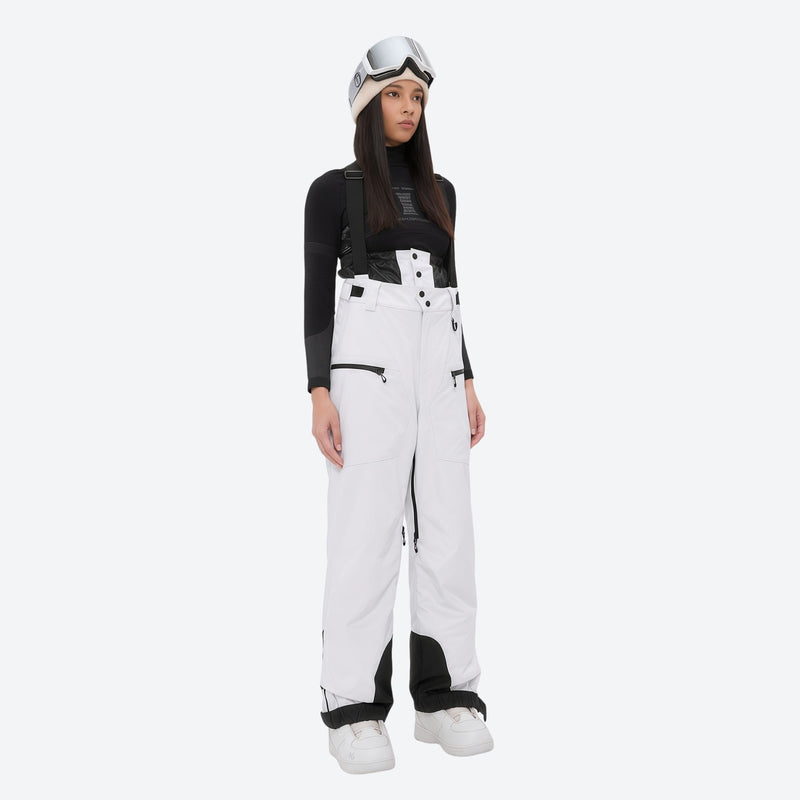 Insulated bib snow pants for women - white bib pants, on-model front view, for resort and backcountry days