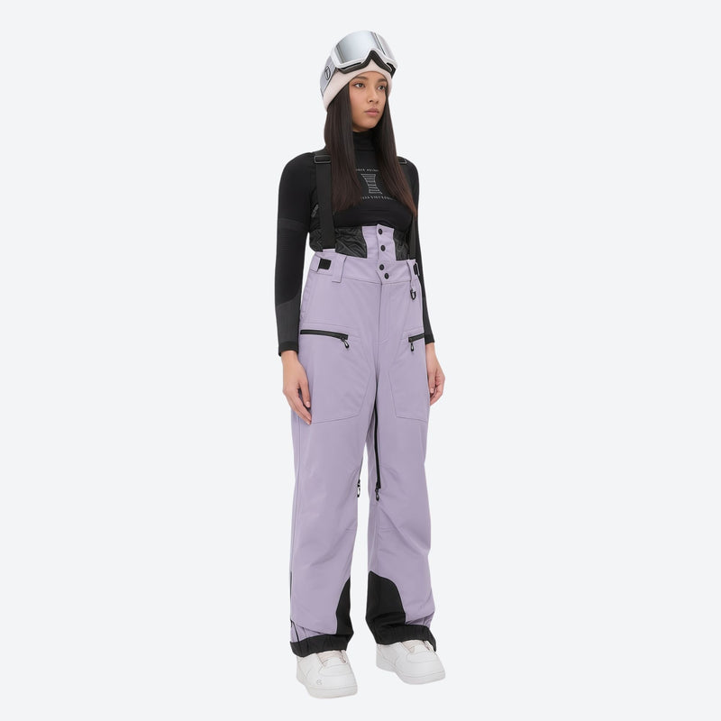 Insulated bib snow pants for women - lavender bib pants, on-model front view, for cold-weather winter sports