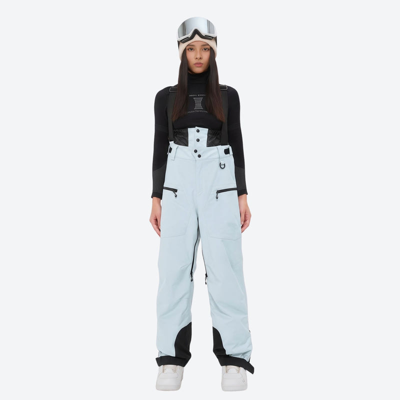 Women's 3L waterproof suspender snow pants - ice blue bib pants, on-model front view, for deep powder winter days