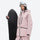 Women's adjustable ski pants with suspenders - pink, on-model front with upright snowboard, for deep powder winter days