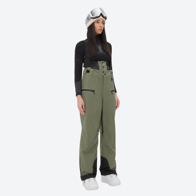 Insulated bib snow pants for women - olive green bib pants, on-model front view, for cold-weather winter sports