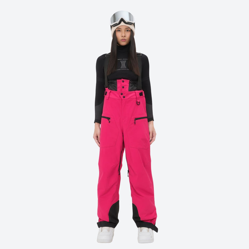 Women's 3L waterproof suspender snow pants - magenta bib pants, on-model front view, for deep powder winter days