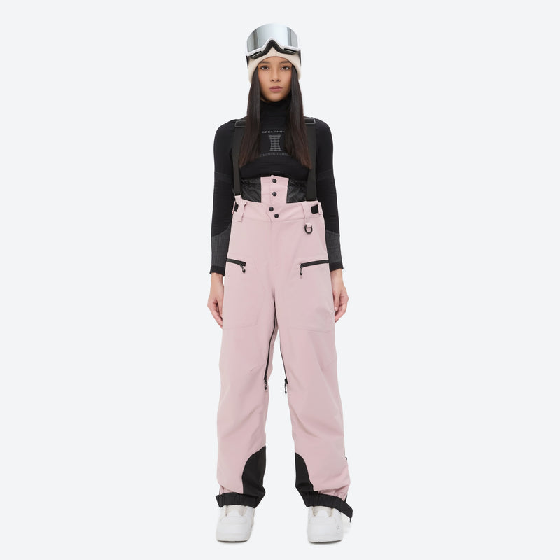 Women's 3L waterproof suspender snow pants - pink bib pants, on-model front view, for deep powder winter days