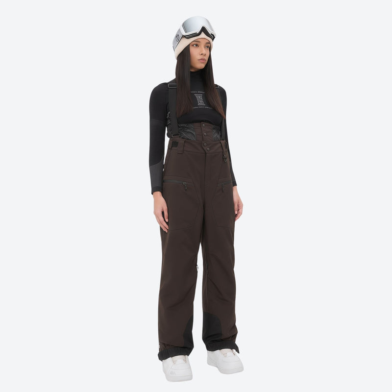 Women's 3L waterproof suspender snow pants - coffee brown bib pants, on-model front view, for resort and backcountry days