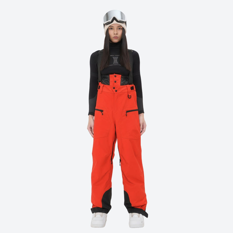 Women's 3L waterproof suspender snow pants - red bib pants, on-model front view, for skiing and snowboarding